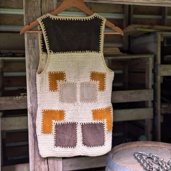 Vintage Grandmacore Crochet and Suede Patchwork Vest - Picture 5 of 8